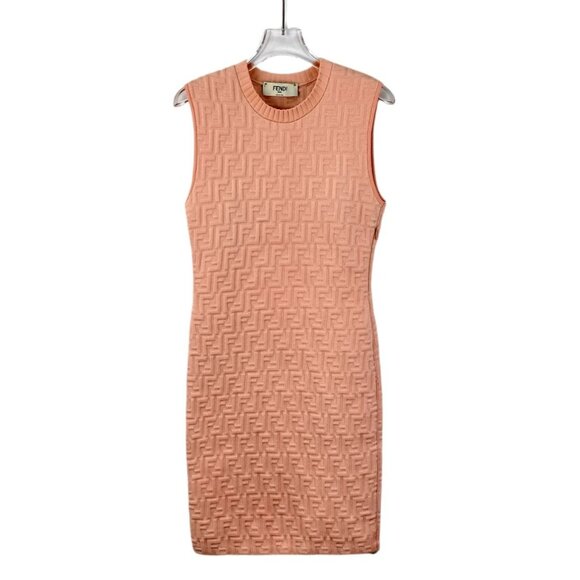 Fendi Orange-Pink Embossed Logo Sleeveless Knitted Dress Round Neck Size 40 M Ma - Picture 1 of 6